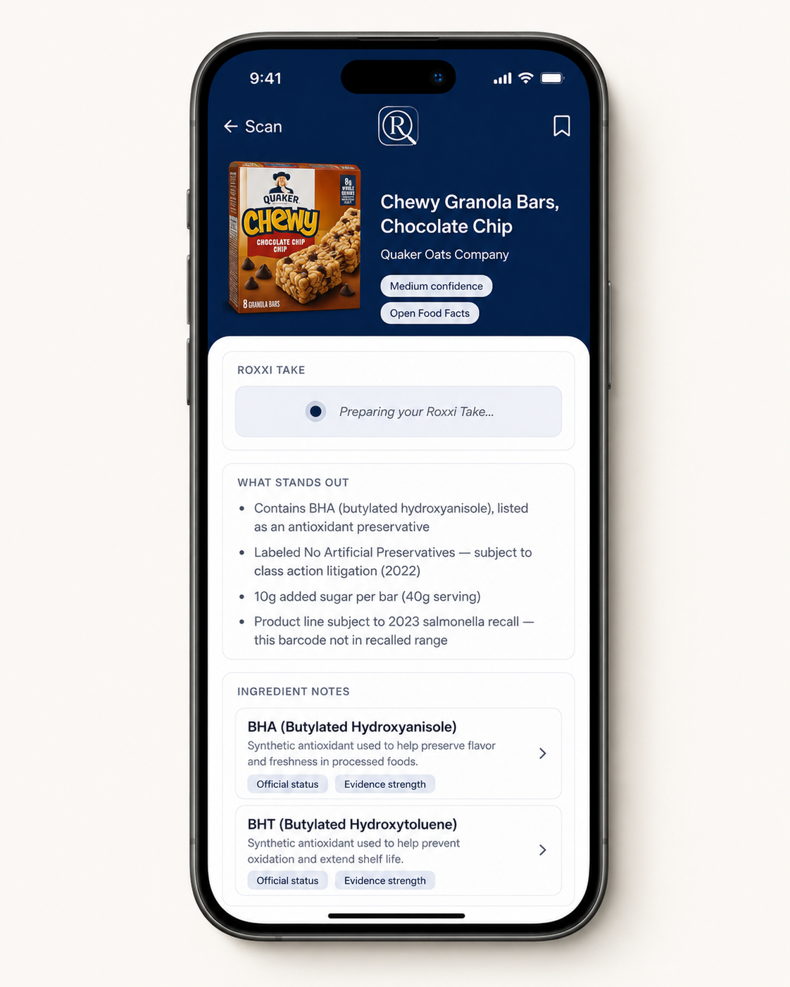 Roxxi result screen showing ingredient notes, nutrition snapshot, and evidence strength for a scanned product